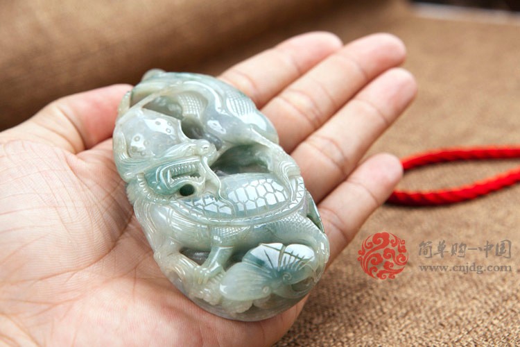 油青种仙鹤龙龟贺寿缅甸翡翠手玩件