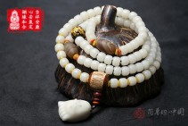 吉祥安康知足常乐天然白菩提根配缠丝玛瑙和合佛珠手串